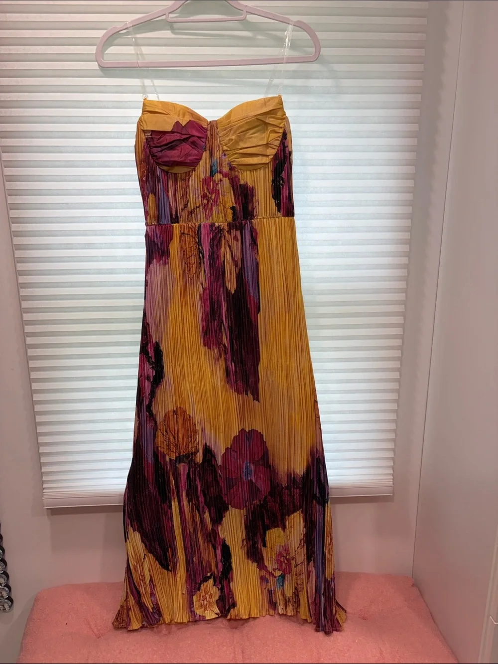 Strapless Floral Pleated Maxi Dress in Mustard and Plum - Picture 1 of 1